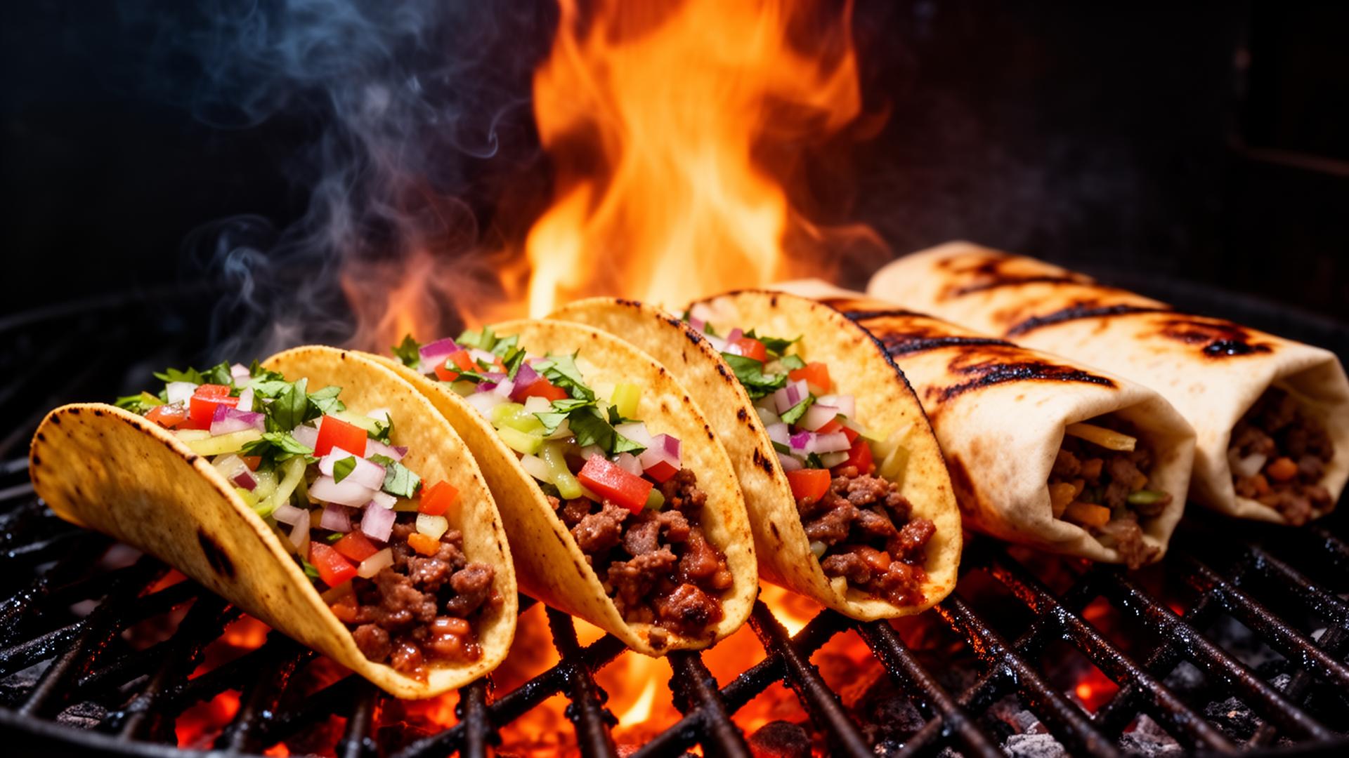 Blazing hot tacos and burritos on a grill